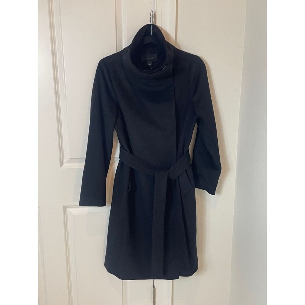 NWT Ann Taylor Black Long-Sleeve Wrap Dress Coat with Belt